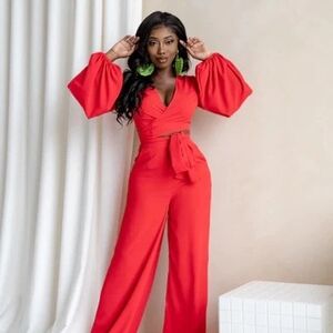 OFUURE Vibrant Red Wrap Top And Pant Set